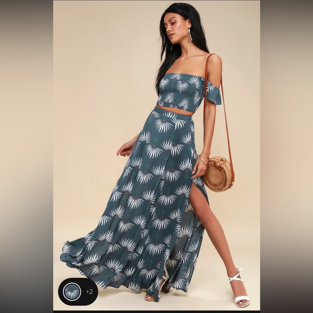 Lulus Trancoso Dusty Blue Floral Print Two-Piece Maxi Dress Sz L